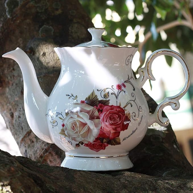 Jomop European Style Ceramic Flower Teapot Coffee Pot Water Pot Porcelain Gift Large 5.5 Cups (1, Rose)