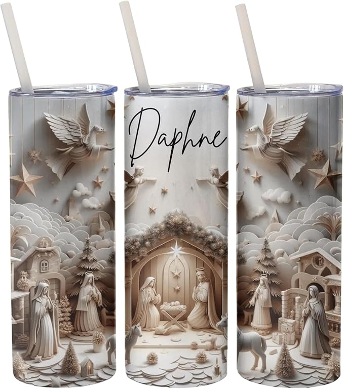 Custom Nativity Scene Tumbler with Straw, Personalized Christmas Religious Themed Insulated Drinkware, 20 oz