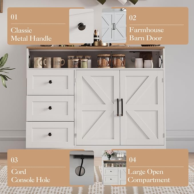 GAOMON 51Inch Sideboard Buffet Cabinet, Wood Rustic Coffee Bar Large Buffet Storage Cabinet with Drawers and Power Outlets Shelves Doors for Dining Kitchen Living Room, White