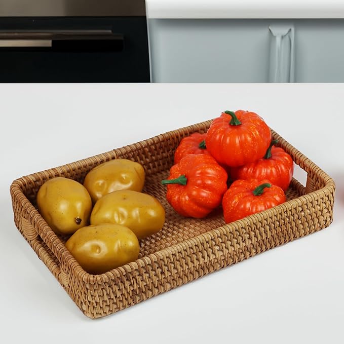 Rattan Serving Tray, Rectangle Coffee Table Tray with Handles, Decorative Ottoman Tea Tray Wicker Basket for Coffee, Bread, Fruits, Snacks, Breakfast, Drinks, Table Decor