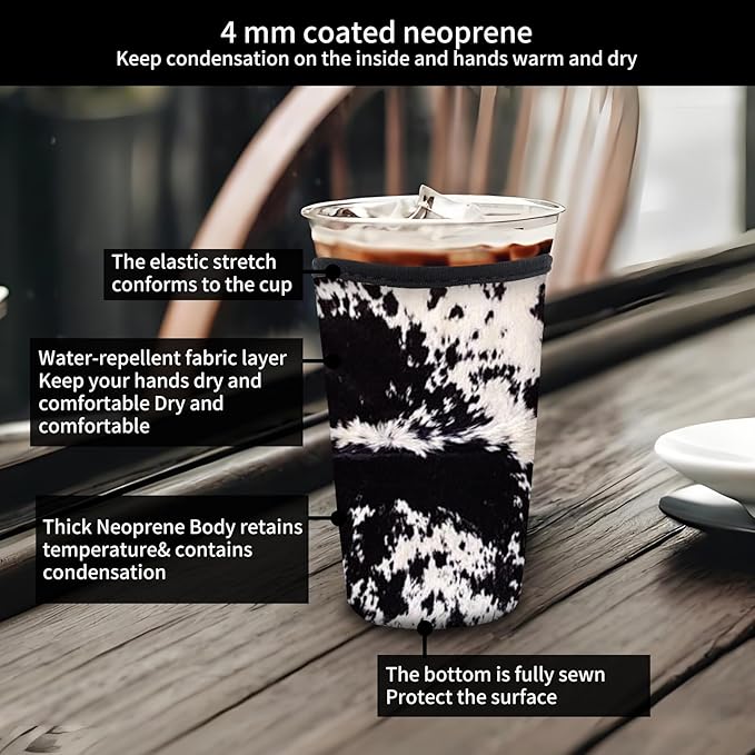 Reusable Neoprene Insulator Sleeve for Iced Coffee Cold Soda Cups, Cute Durable Drink Sleeve for Cold Beverages, Medium 22-28oz Cup Sleeve Luxuious Cow Print