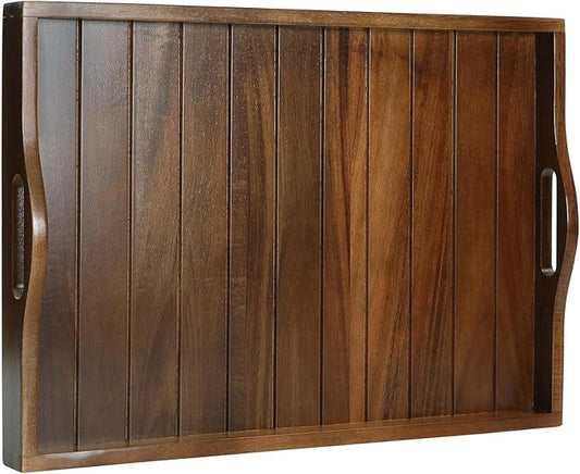 Large Acacia Wooden Serving Tray with Handles 20 x 14 inch Decorative Coffee Table Ottoman Tray for Living Room Extra Large for Kitchen Dinner Food Bar Breakfast in Bed (Dark Brown)