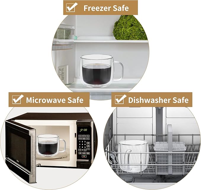 Unbreakable Double Walled Glass Coffee Mugs 10 fl oz, Microwave & Refrigerator Safe, Borosilicate Glass Insulated Coffee Mugs Set of 2 for Espresso, Cappuccino, Latte, Americano, Tea, Beverage