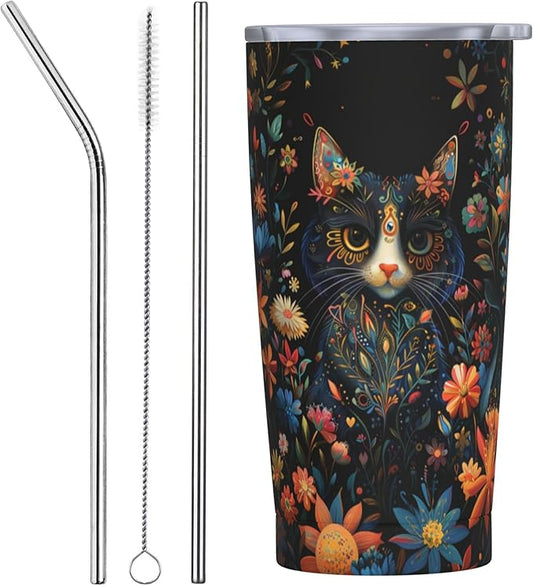 Cat Tumbler with Lid and Straw 20oz Coffee Tumblers Leakproof Stainless Steel Travel Mug Vacuum Insulated Cup for Iced and Hot