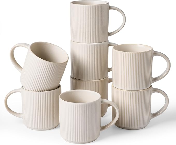 famiware Coffee Mug Set for 8, Star 12 oz Catering Mugs Cup Set with Handle for Coffee, Tea, Cocoa, Milk - Ceramic Stoneware Drinkware Set, Matte White