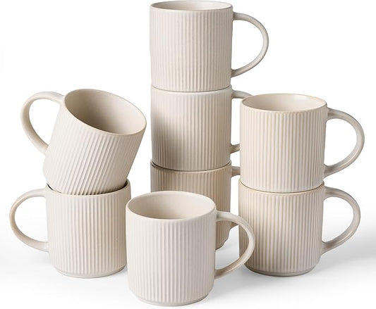 famiware Coffee Mug Set for 8, Star 12 oz Catering Mugs Cup Set with Handle for Coffee, Tea, Cocoa, Milk - Ceramic Stoneware Drinkware Set, Matte White