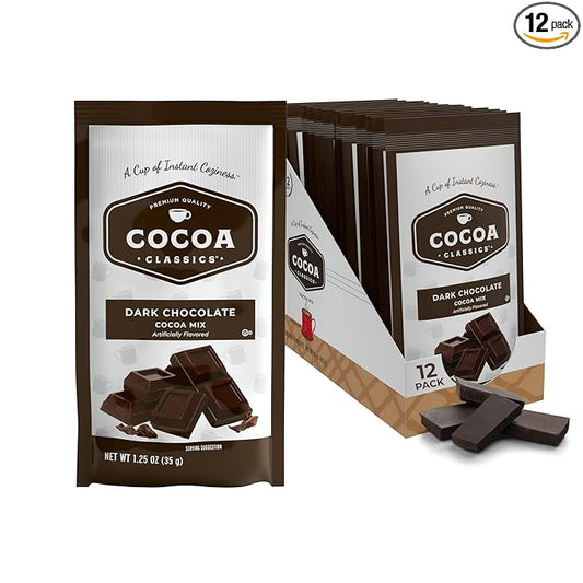Cocoa Classics Dark Chocolate Cocoa Mix, Sweet, Smooth, Intense Dark Chocolate Flavored, Make Hot or Iced Cocoa, Gluten Free, Kosher Dairy Friendly, 1.25oz Packets (Pack of 12)