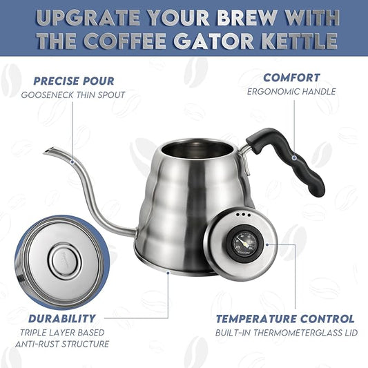 Stainless Steel Gooseneck Kettle Compatible with all Stoves, 1.2L/40oz Pour Over Coffee Maker with Built-in Thermometer for Precise Temperature Control and 40pcs Filter Papers