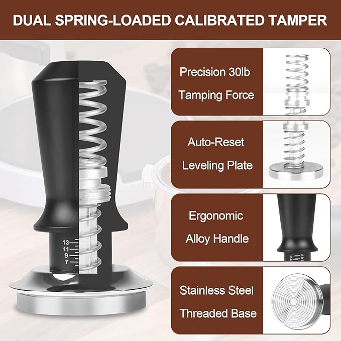 51mm Espresso Tamper Kit - Dual-Spring Calibrated Coffee Tamper, 8-Needle WDT Tool Espresso Distribution Tool, Magnetic Aluminum Dosing Funnel, Reusable Puck Screen, Fit Delonghi 51mm Portafilters