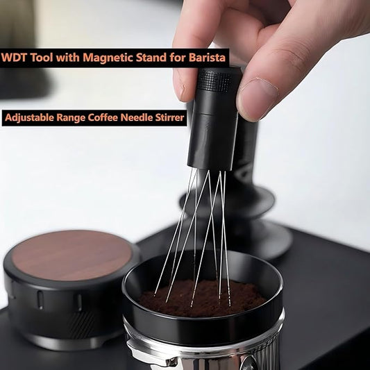 WDT Espresso Coffee Distribution Tool Magnetic Stand Adjustable Barista Needle Stirrer 304 Stainless Steel 8x0.4mm Precision Coffee Tool (Black Magnetic Adjustable WDT Tool, 53MM)