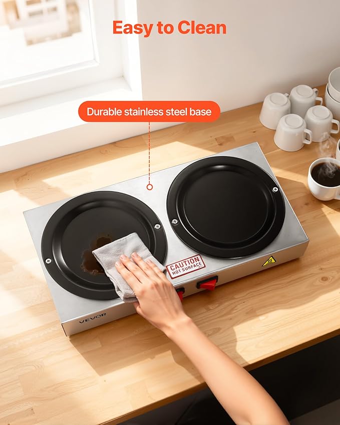 VEVOR Commercial Coffee Decanter Warm Plate, 80W x 2 Coffee-Carafe Warmer, Dual Warming Plates with Independent Control, Fits 1.8L Standard Glass Decanter, for Coffee Shop, Home, Office & Restaurant