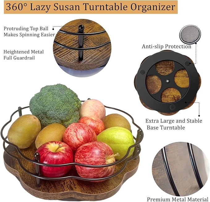 BaiWinlar Lazy Susan Turntable Organizer with Higher Metal Sides, 11" Wooden Lazy Susan Spice Rack Organization and Storage for Cabinet,Kitchen,Countertop,Table Top,Dining Table,Coffee Bar Decor