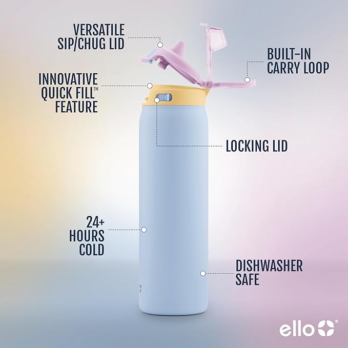 Ello Pop & Fill Insulated Stainless Steel Water Bottle with Quick Fill Lid, Leakproof Locking, Sip or Chug Spout, BPA-Free, Double Wall Vacuum Insulated for Sports, Travel & School- 22oz / 32oz / 40oz