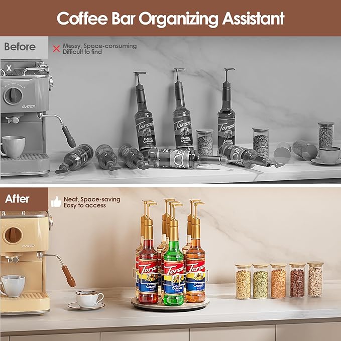 Kssiaz Rotating Coffee Syrup Organizer, 7 Bottles Coffee Syrup Rack for Countertop Syrup Bottle Holder Stand for Coffee Bar Station, Carbon Steel Frame with Wooden Base Coffee Bar Accessory, White