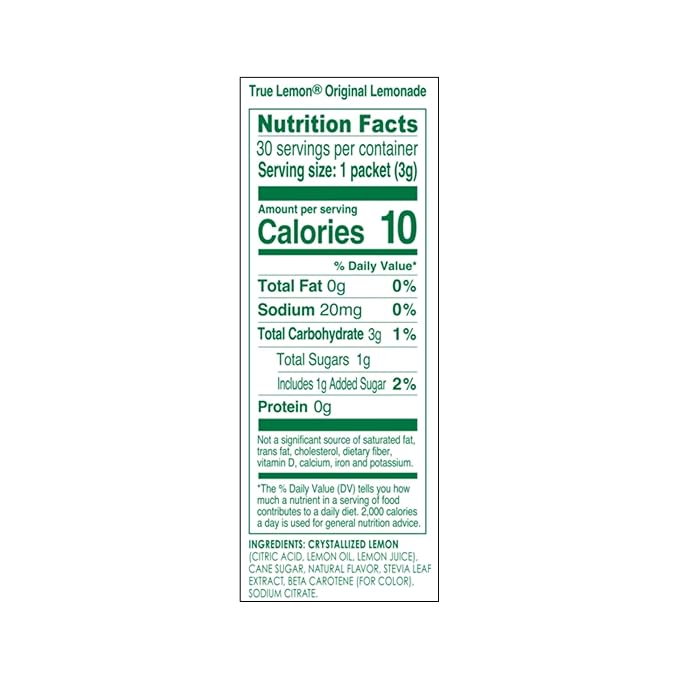True Citrus TRUE LEMON Original Lemonade Drink Mix | No Artificial Sweeteners, Low Calorie | Water Flavor Packets & Water Enhancer with Stevia 30 Count (Pack of 1)