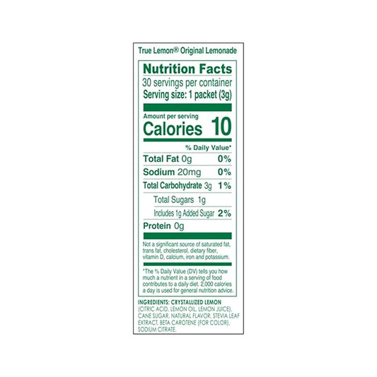 True Citrus TRUE LEMON Original Lemonade Drink Mix | No Artificial Sweeteners, Low Calorie | Water Flavor Packets & Water Enhancer with Stevia 30 Count (Pack of 1)