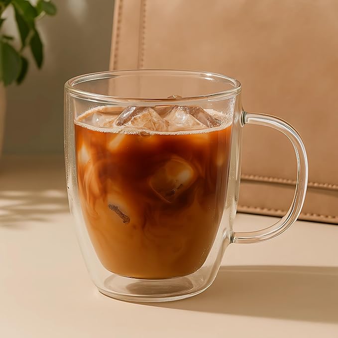 Lucco Double Walled Glass Coffee Mugs (Set of 2) - 12 oz Borosilicate Cups for Hot or Cold Drinks, Insulated Latte, Tea & Espresso Cups