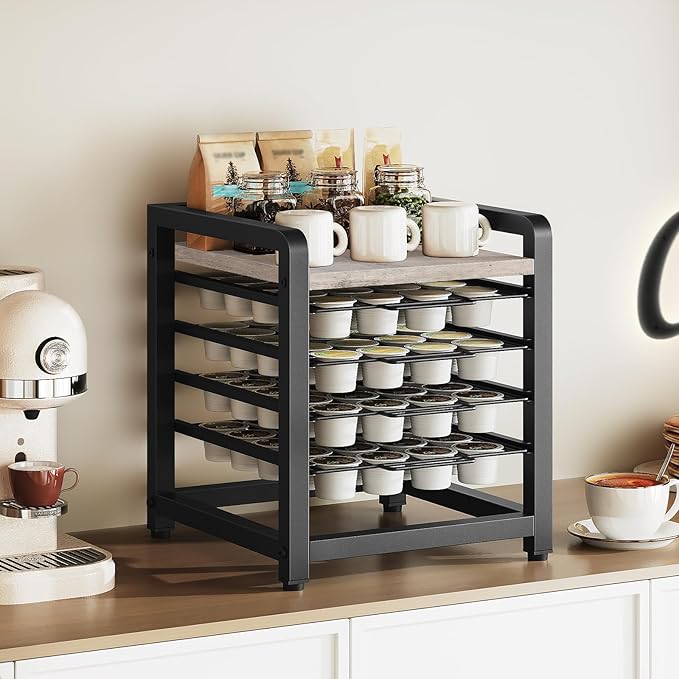 Coffee Pod Drawer Holder, 4 Tier Organizer for K Cup, 80 Pods Capacity, Spacious Storage Rack for K Cup, Space Saving, Easy Assembly, for Kitchen, Greige and Black KH04BG
