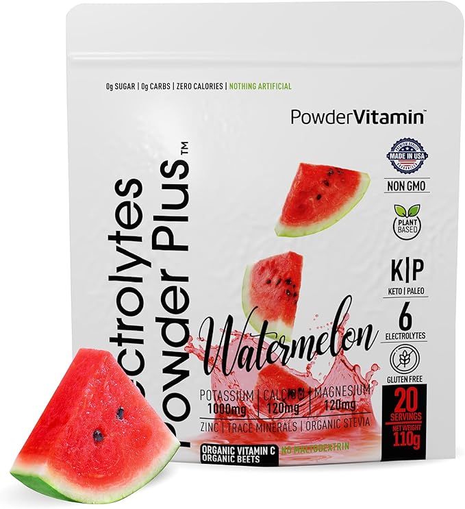 PowderVitamin Electrolytes Powder Plus (20 Servings) Watermelon Electrolyte Powder Zero Calorie Keto,0 Sugar, No Maltodextrin,1000mg Potassium,120mg Calcium,120mg Magnesium, Pink Himalayan Salt