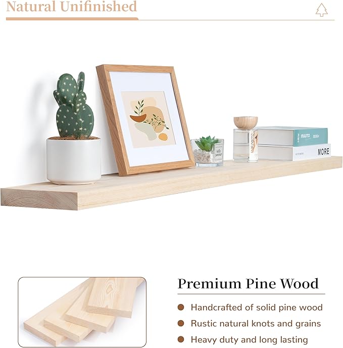 Marsmiles Natural Wood Floating Shelves | 48 Inch Unfinished Wood Wall Shelves Set of 1 | 48" W x 6.7" D Rustic Wooden Shelves for Bathroom Kitchen Living Room Bedroom