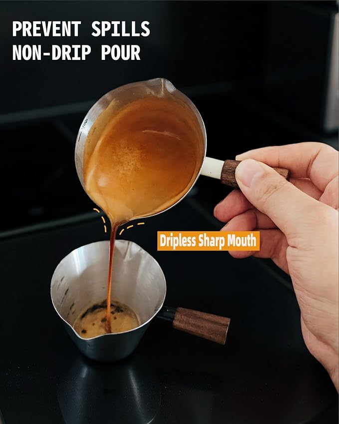 Lunaker Espresso Cups - 4OZ Espresso Shot Cup with Wooden Handle -Measuring Cup with Double Spouts - Coffee Bar Accessories, White （2 Pcs）