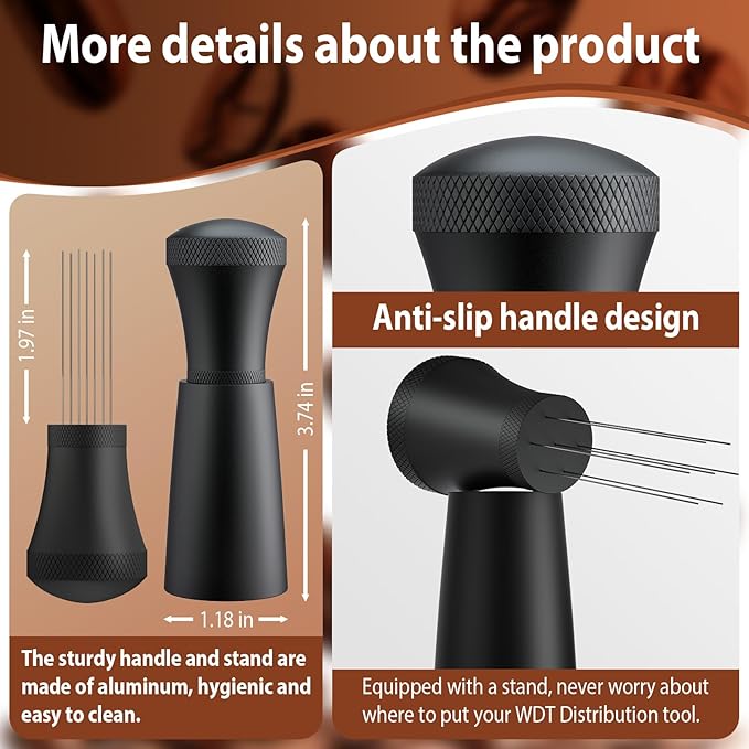 WDT Espresso Distribution Tool Espresso Stirrer Tools for Barista, 0.35mm 7 Needles Espresso Coffee Stirrer with Extra 7 Replaceable Needles, Aluminum Alloy Handle with Stand (Black)