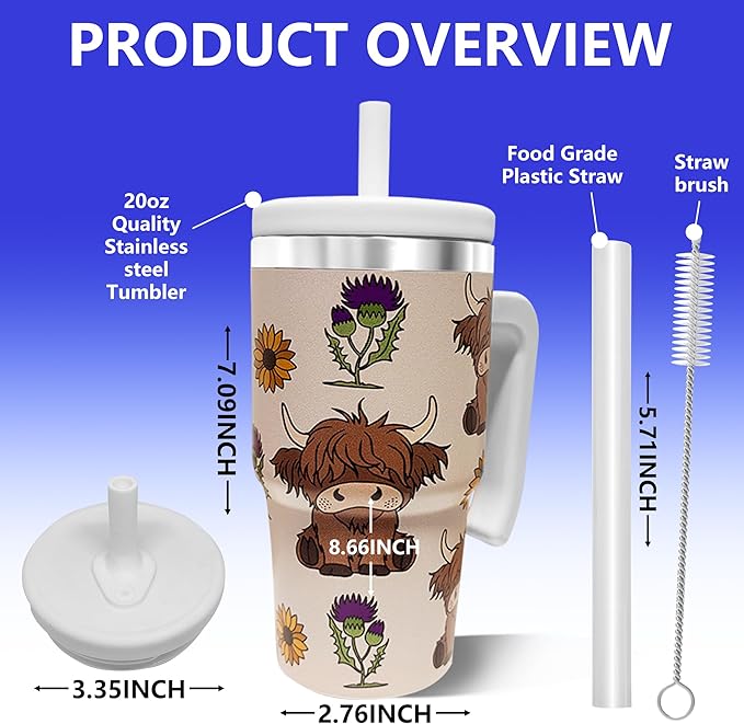 20-OZ Insulated Water Bottle,Insulated Stainless Steel Tumbler,Reusable Cold Drink Thermos,BPA-Free, Double-Wall Stainless Steel Water Bottle (Cream-Higland cow, 20, Fluid Ounces)