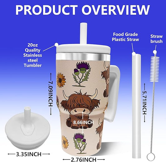 20-OZ Insulated Water Bottle,Insulated Stainless Steel Tumbler,Reusable Cold Drink Thermos,BPA-Free, Double-Wall Stainless Steel Water Bottle (Cream-Higland cow, 20, Fluid Ounces)