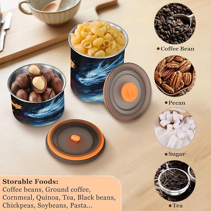 Coffee Storage Containers Airtight Food Storage Canister Set with Vacuum Seal, 500ml Food Grade Stainless Steel Coffee Bean & Tea Storage Jar Ice Fire Dragon