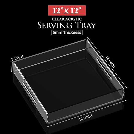 Acrylic Tray 12x12 with Cut Handles - Spill Proof Decorative Tray is an Ideal Countertop Organizer for Living Rooms, Ottoman Coffee Tables, Offices, Kitchens & Serving Guests