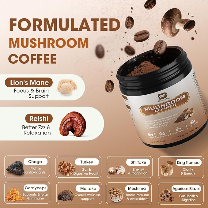 B BEWORTHS 2Pack Mushroom Coffee Powder with MCT Oil - 10 Mushroom Lion's Mane, Turkey Tail, Reishi, Cordyceps & Chaga - Instant Arabica Mushroom Coffee for Focus, Immune, Gut & Brain Health | Keto
