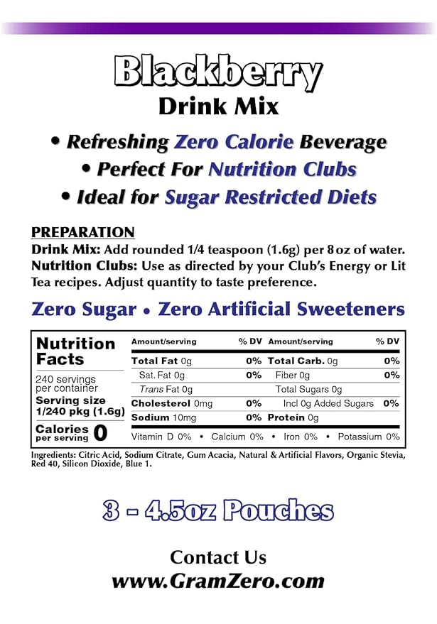 GramZero Blackberry Zero Calorie Sugar Free Drink Mix, Great For Nutrition Club Loaded Tea, Stevia Sweetened