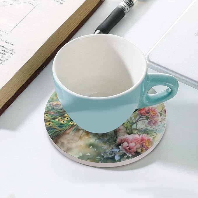 Round-6PCS Peacock Drink Coasters, Round Modern Ceramic Absorbent Coasters, Vintage Watercolor Style Floral Beautiful Peacock Decor Desk Coffee Table Coaster for Beverage Cup Tea Coasters
