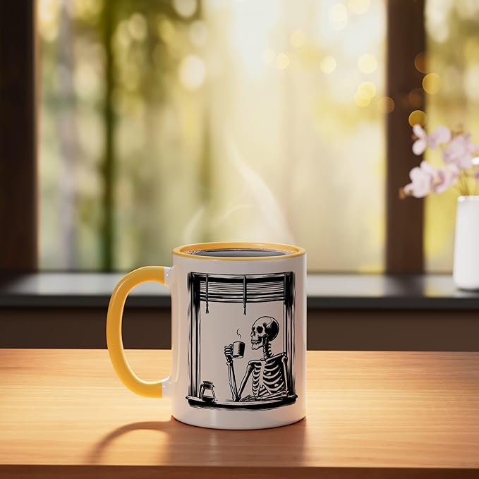 Skeleton Drinking Coffee - Minimalist Graphic Coffee Lover Ceramic Mug, Yellow/White