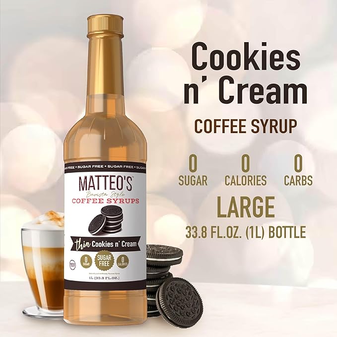 Matteo's Cookies and Cream Syrup for Coffee, Lattes, Cappuccinos & Desserts – Sugar-Free Sweetener for Beverages, Keto Friendly, Zero Calories, Indulgent Flavor, Non-Alcoholic, 33.8oz (6pk)
