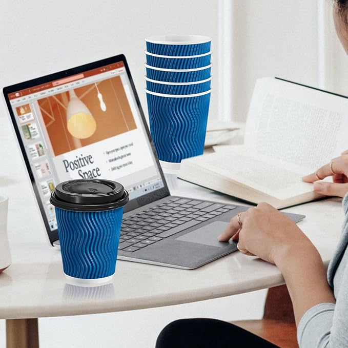 Clawsoff 100 Pack Coffee Cups with Lids 8 oz, Disposable Insulated Ripple Wall To Go Paper Coffee Cups for Hot/Cold Drinks Office Home Shop Event (Navy)