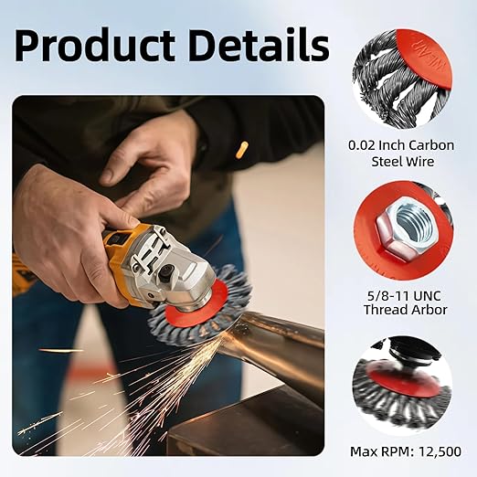 5 Pack 4 Inch Twist Knotted Wire Wheel Brush for Angle Grinder with 5/8 Inch-11 Threaded Arbor - 0.02 Inch Carbon Steel Wire for Heavy-Duty Conditioning for Various Metals