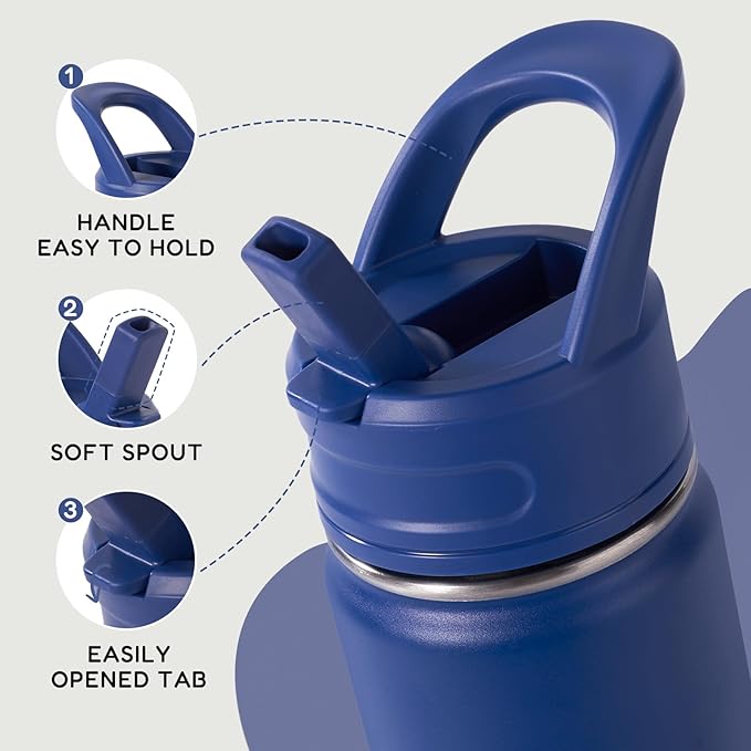 12oz Kids Water Bottle for School, Toddler Water Bottles with Straws, Insulated Water Bottles for Boys&Girls, Stainless Steel Vacuum Insulated Bottle for Kids, Leak-Proof, BPA-Free, Blue