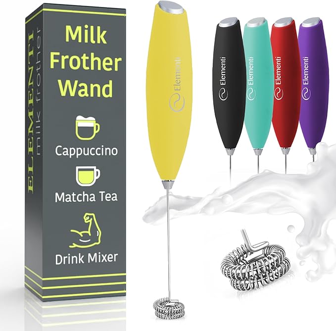 Elementi Milk Frother Handheld Double Whisk - Coffee Frother, Electric Stirrer & Matcha Whisk - Handheld Drink Mixer for Coffee (Yellow)