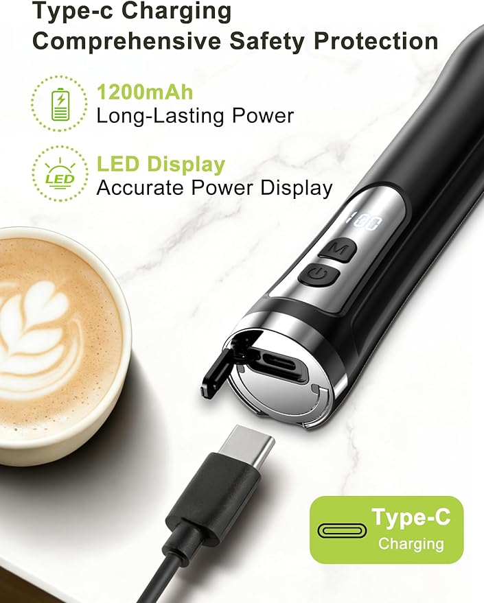 Milk Frother Handheld, Rechargeable Coffee Frother Wand with Detachable Double Whisk, IP67 Waterproof Hand Frother, 3 Grade Speed Fast Foaming for Matcha, Lattes, Cappuccino, Ideal for Coffee Lovers