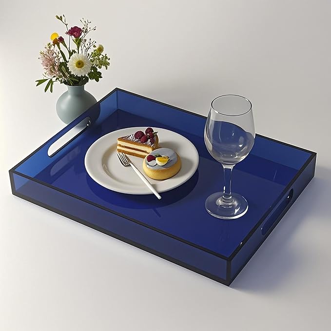 Sturdy 16" Acrylic Serving Tray with Handles - Ottoman Coffee Table Organizer for Food, Tea, Snacks, Vanity & Kitchen Countertop - Multi-Use for Bathroom, Living Room, Bar Parties (Dark Blue)