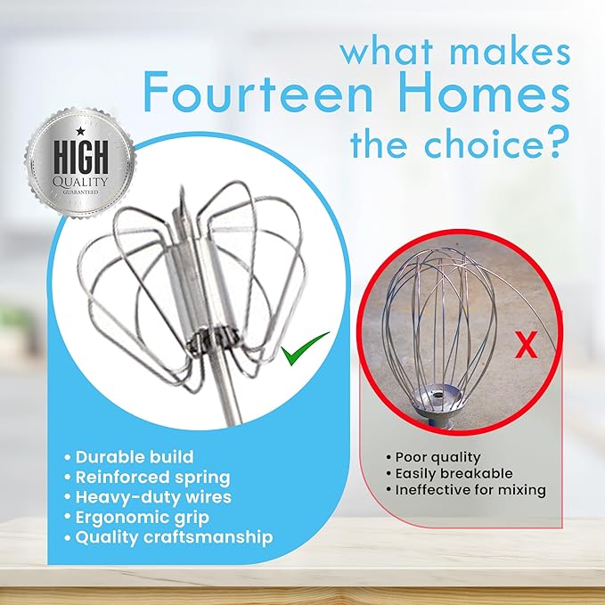 Fourteen Homes Stainless Steel Egg Whisk - Hand Push Rotary Blender & Versatile Milk Frother, 12in - Ideal for Blending, Whisking, Beating & Stirring