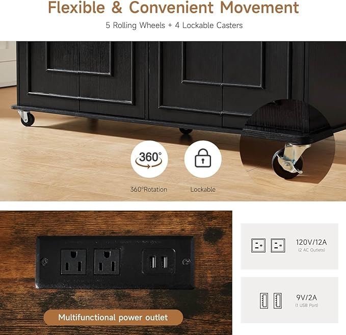 ONBRILL 58" Mobile Kitchen Island, Kitchen Island Cart with Power Outlet, Island Table for Kitchen, Home Bar Carts with Storage, Kitchen Rolling Island with Spice Rack & Towel Rack & Knife Holder