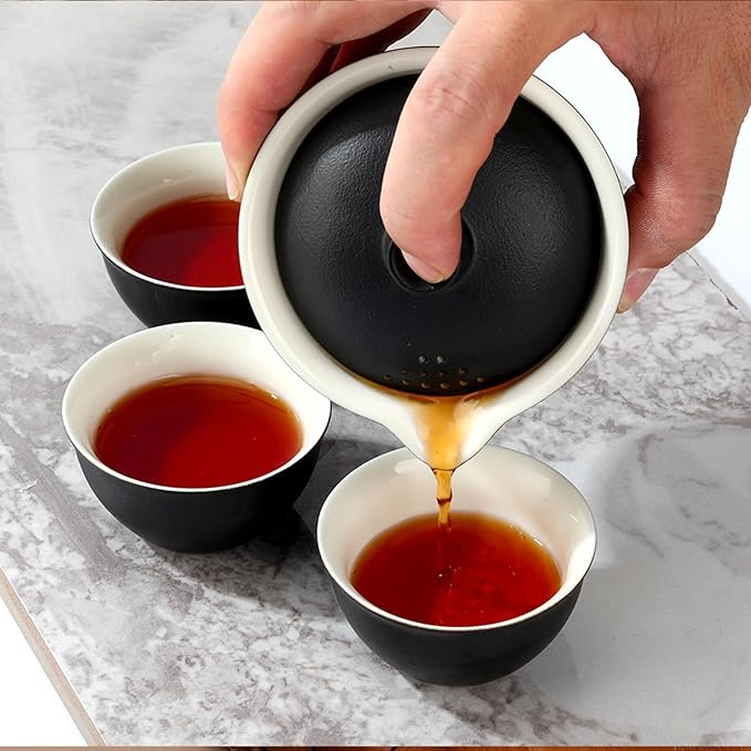 Porcelain Chinese Gongfu Tea Sets for Adults Portable Kungfu Teapot and Cup Set Small Ceramic Tea Party Set Travel Teaset with Lid for Home Gifting Outdoor and Office (Black)