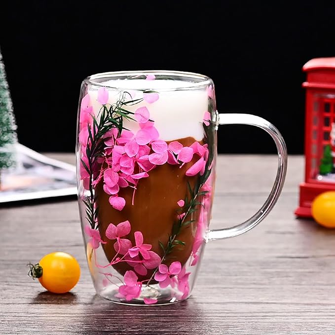 Creative Flowers Double Wall Clear Glass Coffee Mug with Handle, Aesthetic Dried Flowers Coffee Mug, Clear Double Insulated Glass Cup for Hot and Cold Beverages, Cappuccino, (A)