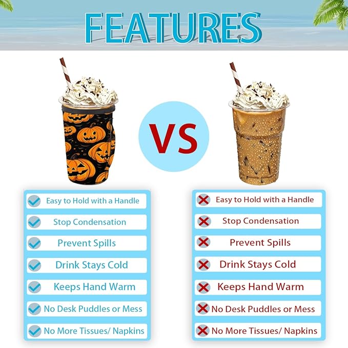 Funny Pumpkin Reusable Insulator Coffee Sleeves for Drinks Beverages, Halloween Neoprene Holder with Handle for Most Coffee or Ice Drink, 30-32oz