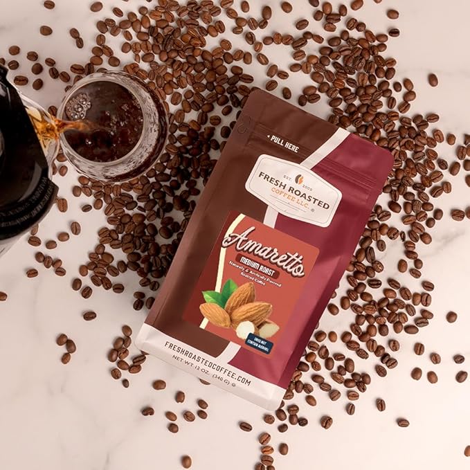 Fresh Roasted Coffee, Amaretto Flavored Coffee, 12 oz, Medium Roast, Kosher, Ground