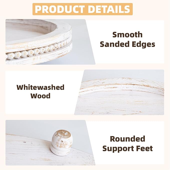 2 Piece Whitewashed Wooden Serving Tray Set with Beaded Design, Farmhouse Centerpiece Table Decorations, Round Coffee Table Tray for Living Room Home Decor, Ottoman Tray Decor for Rustic Styles