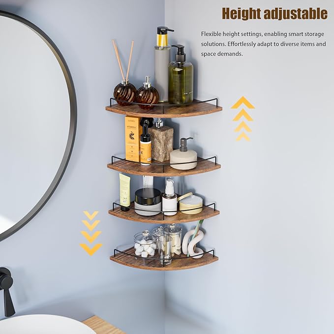 Corner Shelf Wall Mount, Floating Corner Shelves, Set of 4 Corner Wall Shelf Organizer,Rustic Wood Wall Storage Display Shelves forLiving Room Bedroom Bathroom Kitchen