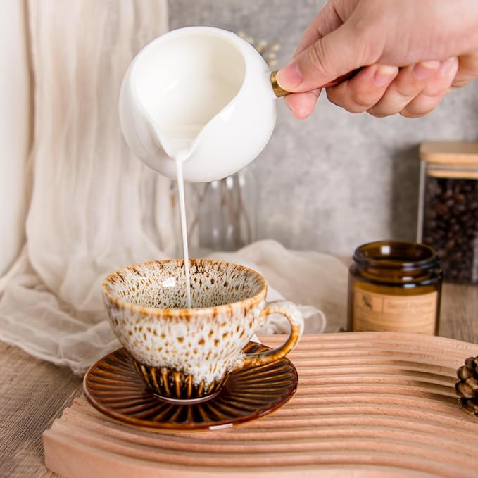 YINUOWEI 2 oz Espresso Cups Set of 6, Ceramic Cappuccino Cups with Saucers, Stackable Coffee Cup for Macchiato, Single shot, Tea, Coffee Lover Gifts, Glazed White
